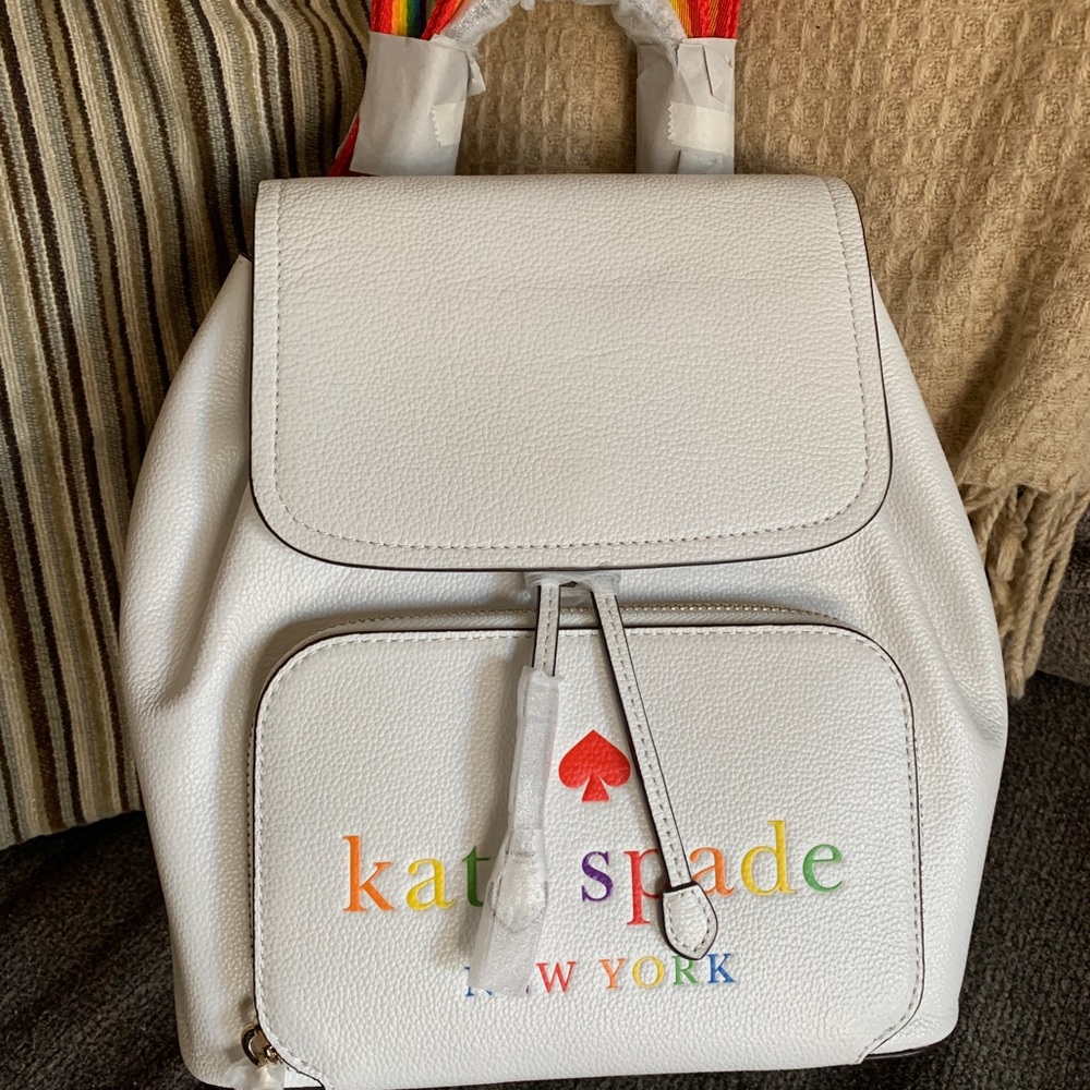 Authentic KATE SPADE Leather Flap drawstring rainbow🌈medium backpack
